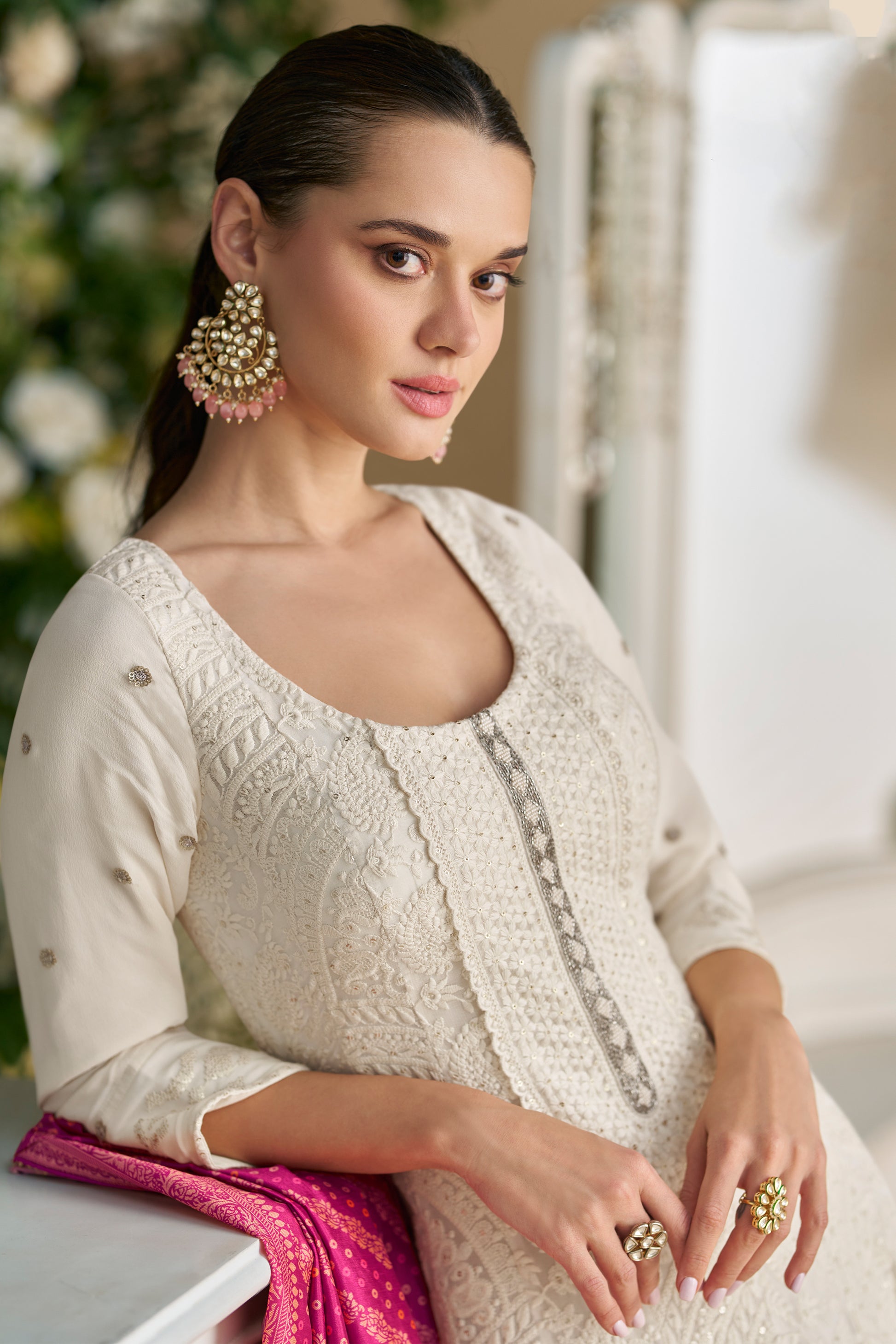 White georgette anarkali dress with detailed embroidery