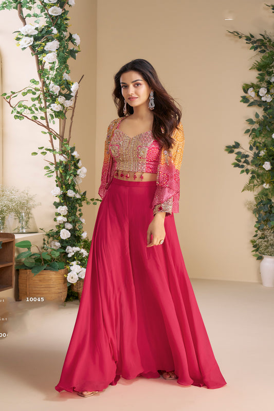 Reception Ethnic Party Wear Chinon Silk Palazzo With Embroidery Shrug