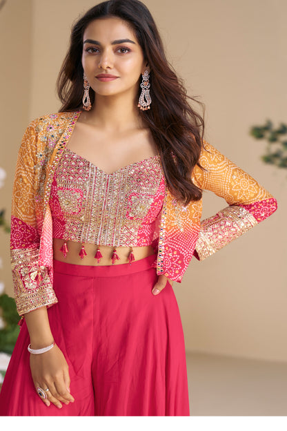 Reception Ethnic Party Wear Chinon Silk Palazzo With Embroidery Shrug