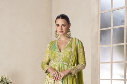 Elegant pistachio green anarkali gown with net dupatta drape
