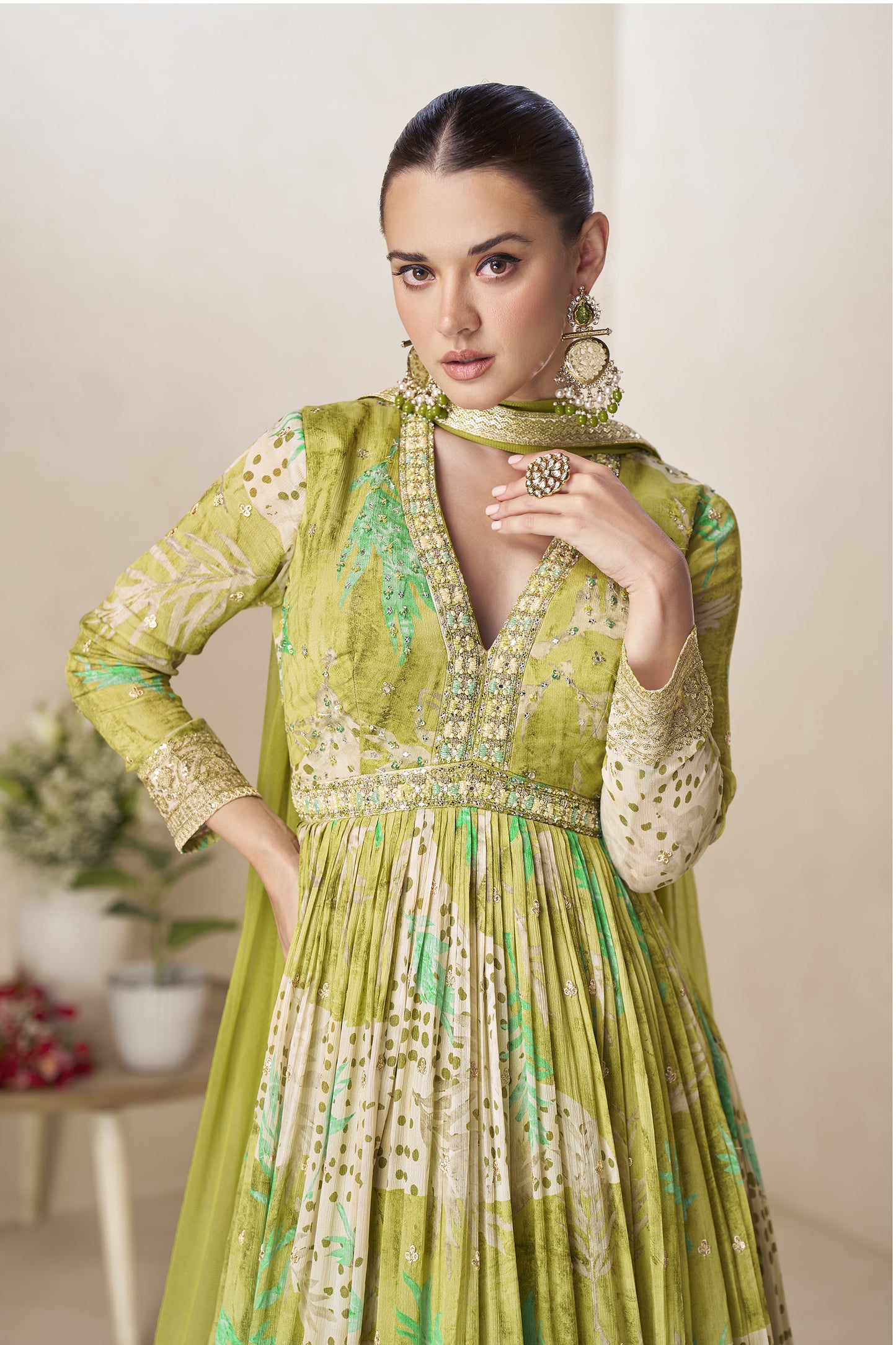 Pistachio green anarkali gown styled for wedding guest look