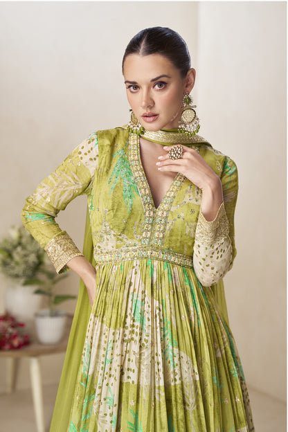 Pistachio green anarkali gown styled for wedding guest look