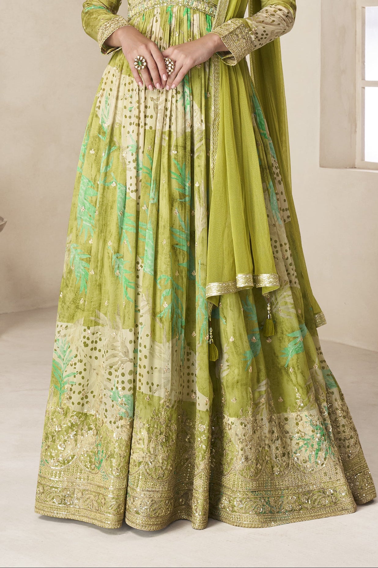 Real Chinon fabric texture of pistachio green anarkali dress