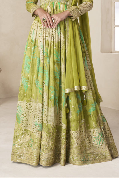 Real Chinon fabric texture of pistachio green anarkali dress