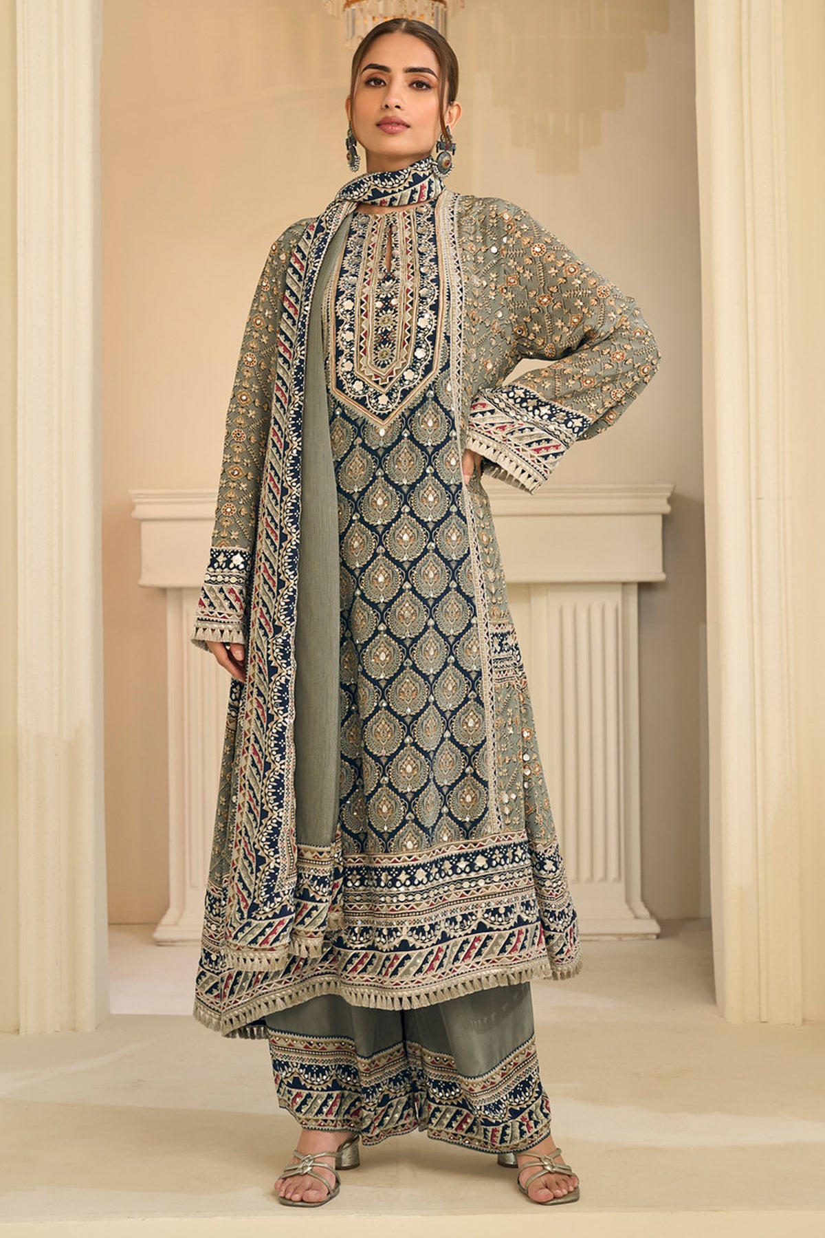 Pistachio green dupatta palazzo dress with embroidered top