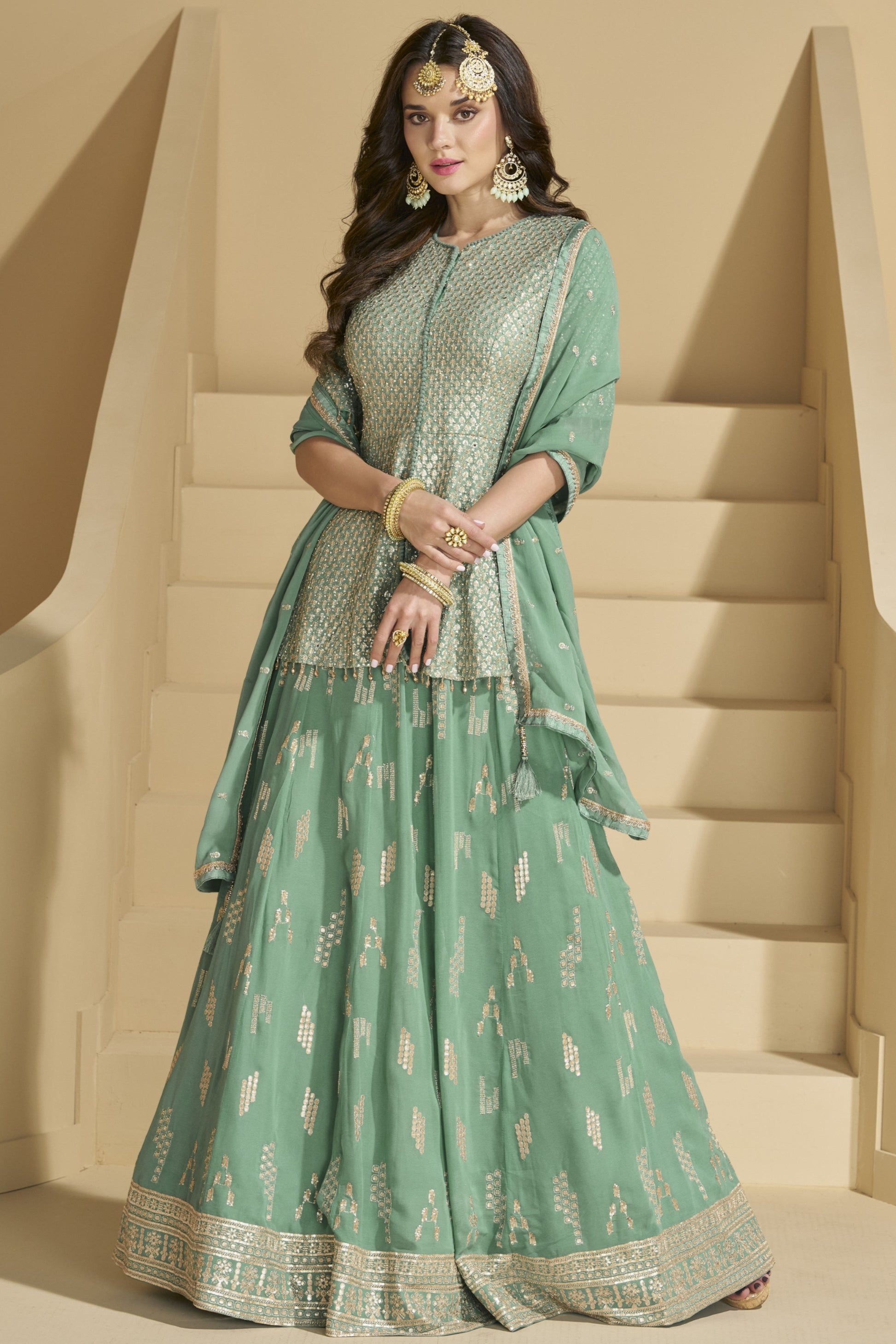 pistachio green lehenga choli full front view wedding outfit