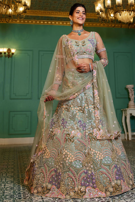 Pistachio green lehenga full front view with embroidered detail