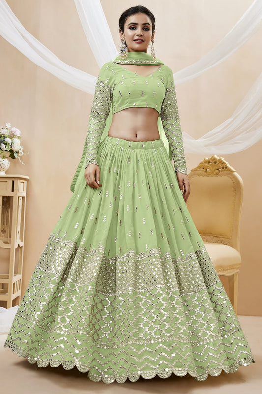 pistachio green lehenga front view with sequins embroidery