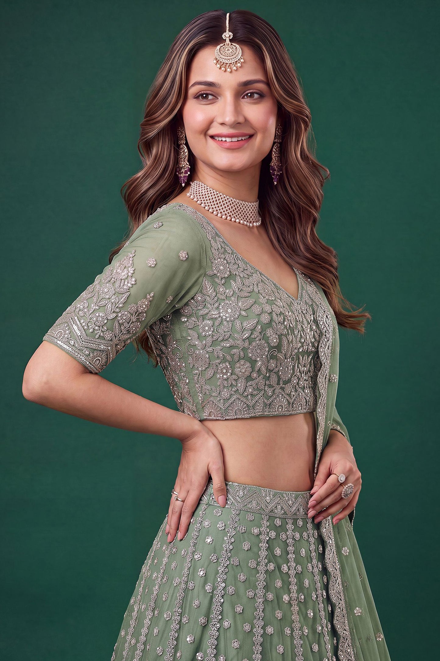 Pistachio green lengha choli with Dori and sequin embroidery