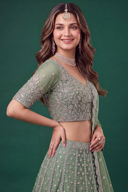 Pistachio green lengha choli with Dori and sequin embroidery