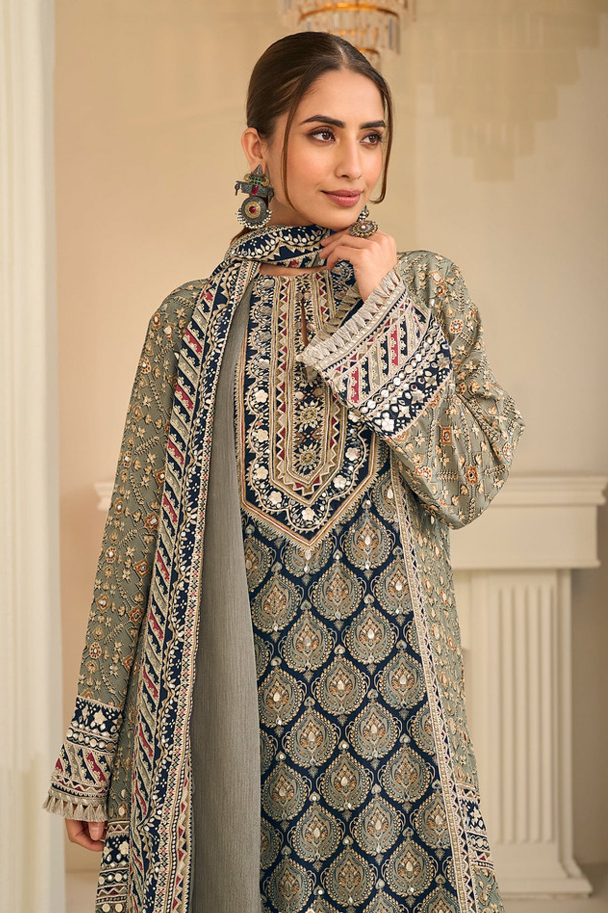 Full view of a pistachio green three-piece palazzo dress