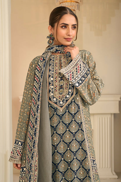 Full view of a pistachio green three-piece palazzo dress