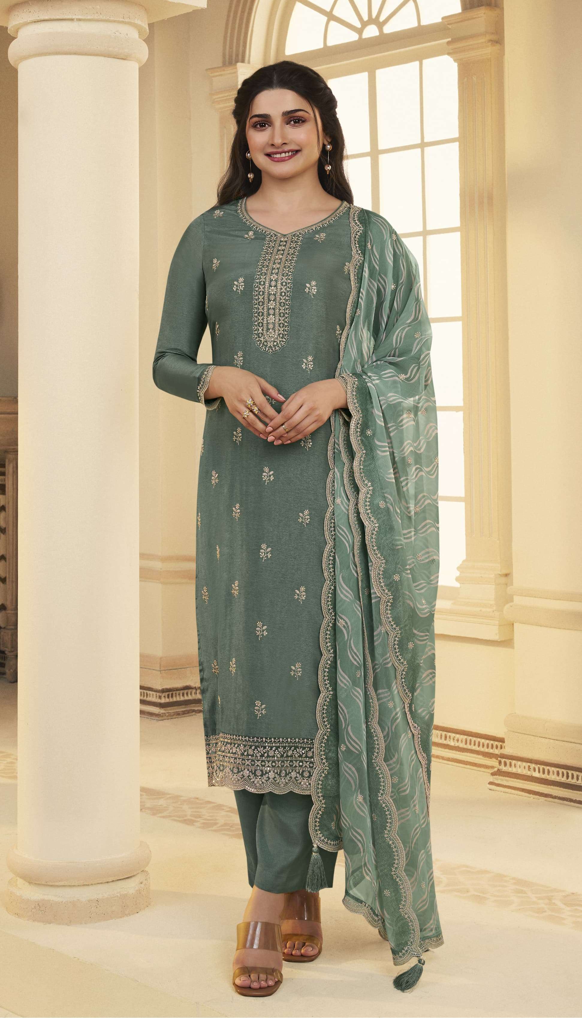 Pistachio green Eid salwar kameez front view

