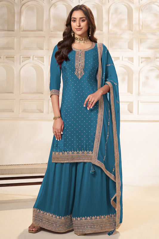Blue plazzo dupatta dress front view with embroidery