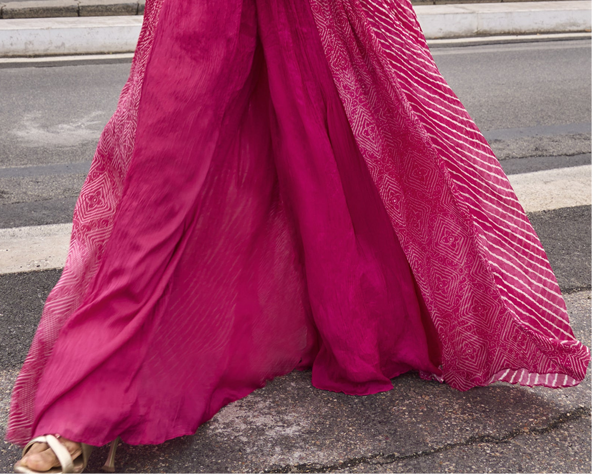 Pink plazzo suit top embroidery close-up