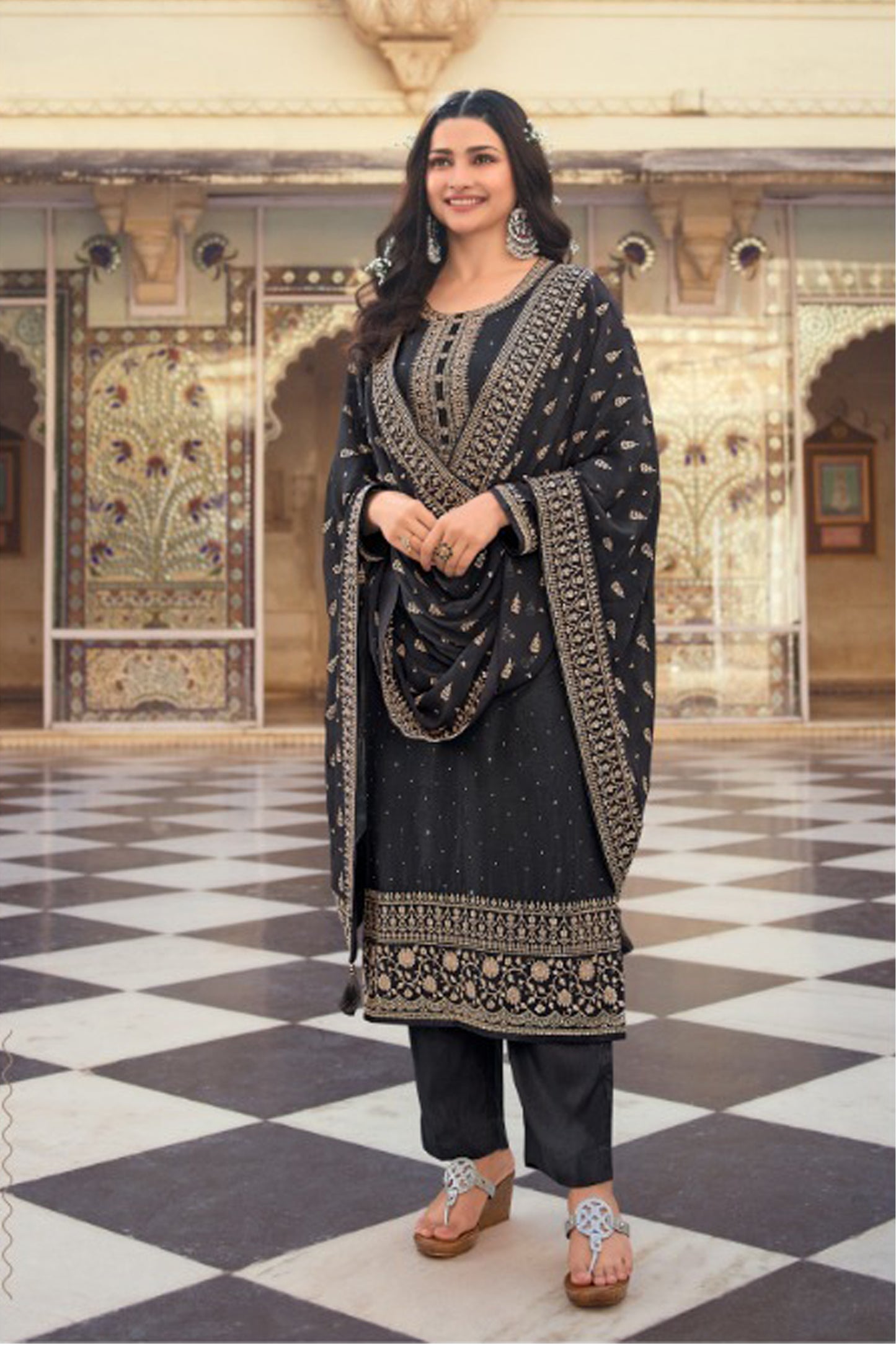 plus size kameez black full front view with embroidery