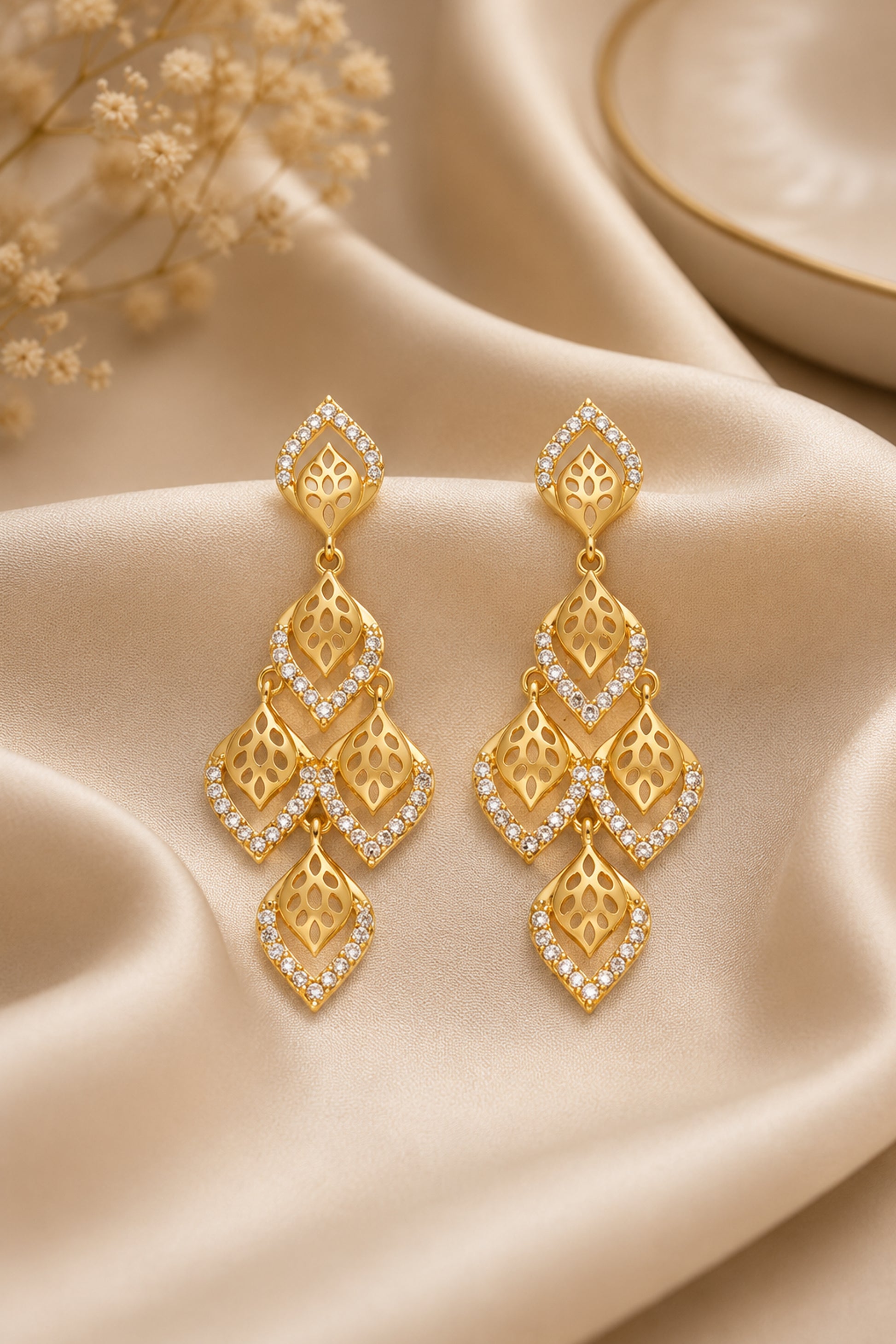 Front view of statement drop earrings