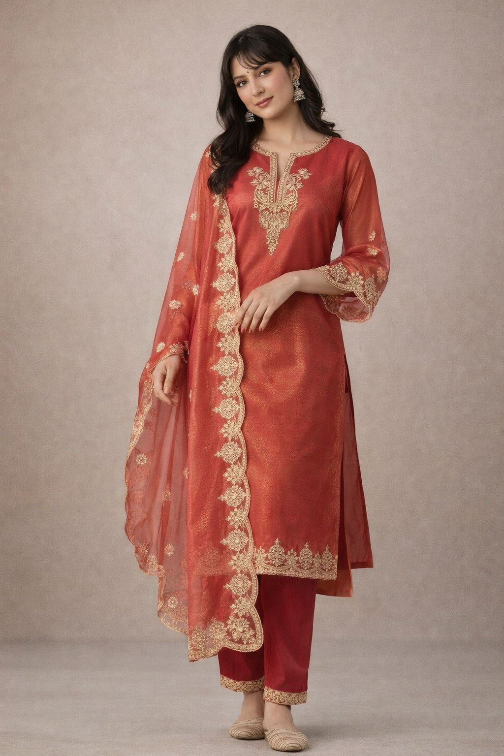 orange ladies kurta front view with embroidered detail