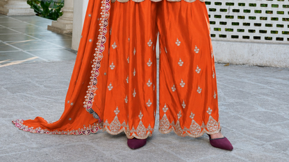 Orange Chinon Palazzo Set With Heavy Embroidery Work