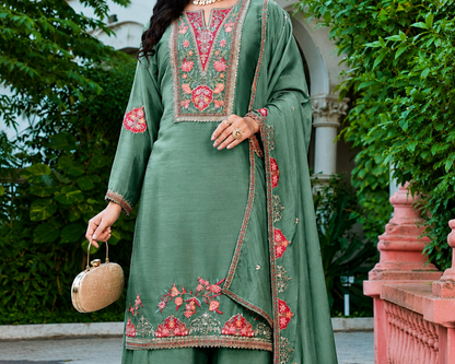 Sage Green palazzo pants for women with dhaga embroidery