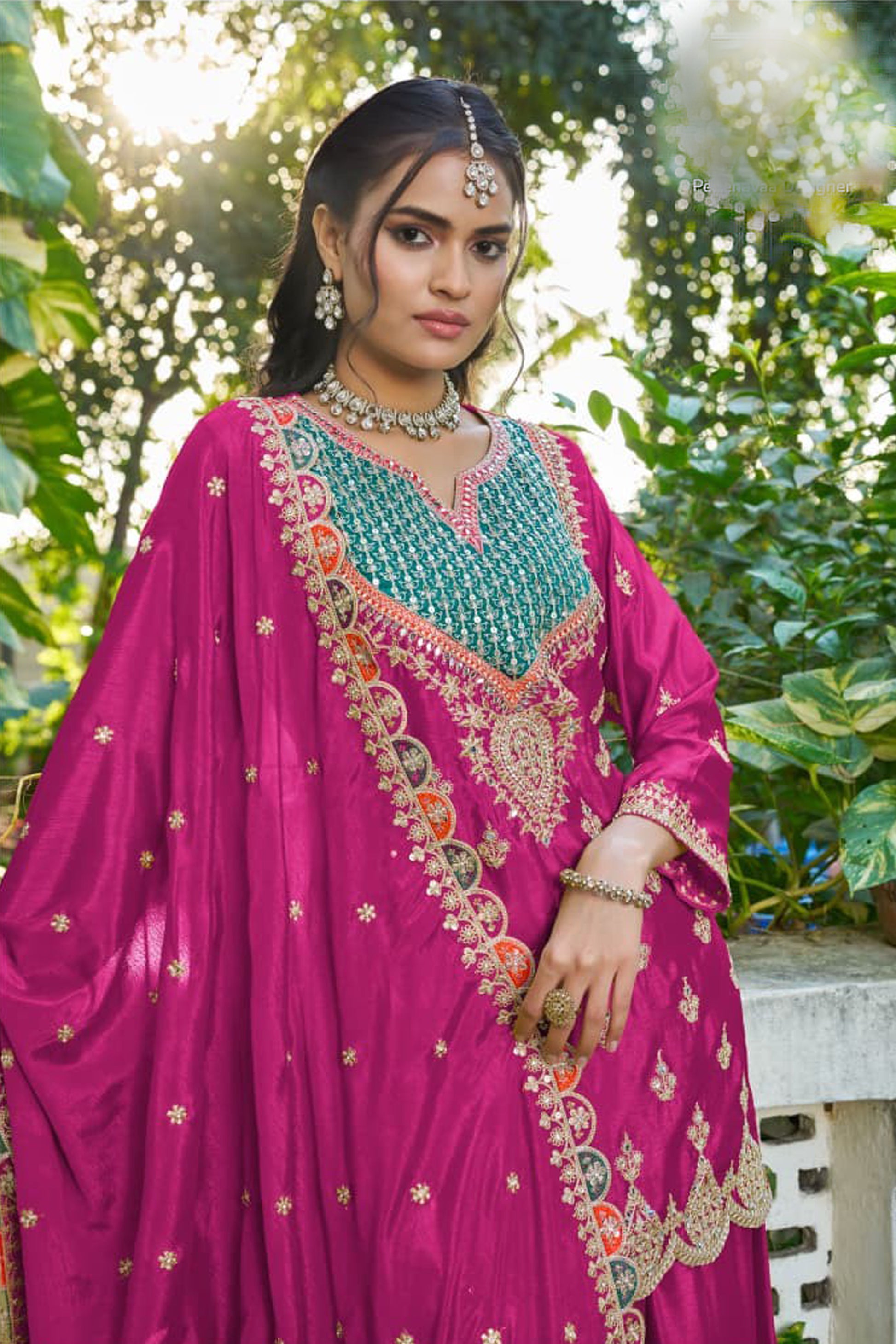 Premium Chinon Palazzo Set With Embroidered Border Detailing