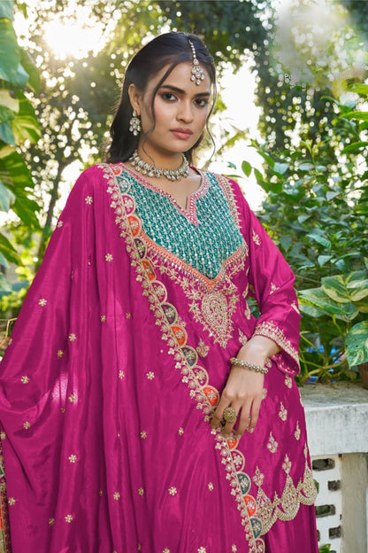 Premium Chinon Palazzo Set With Embroidered Border Detailing