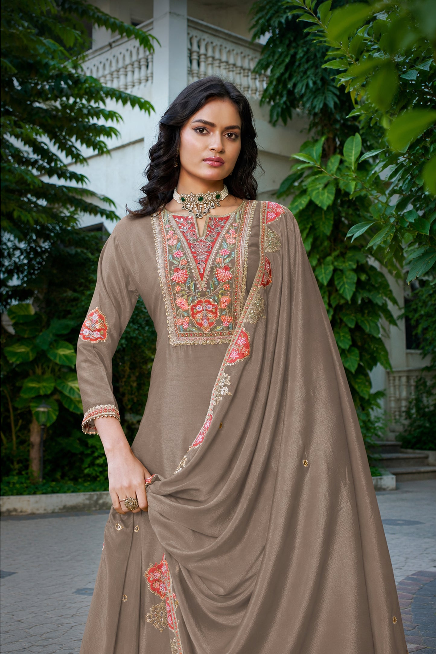 Brown festive outfit with Jari and 6 Colour Dhaga work