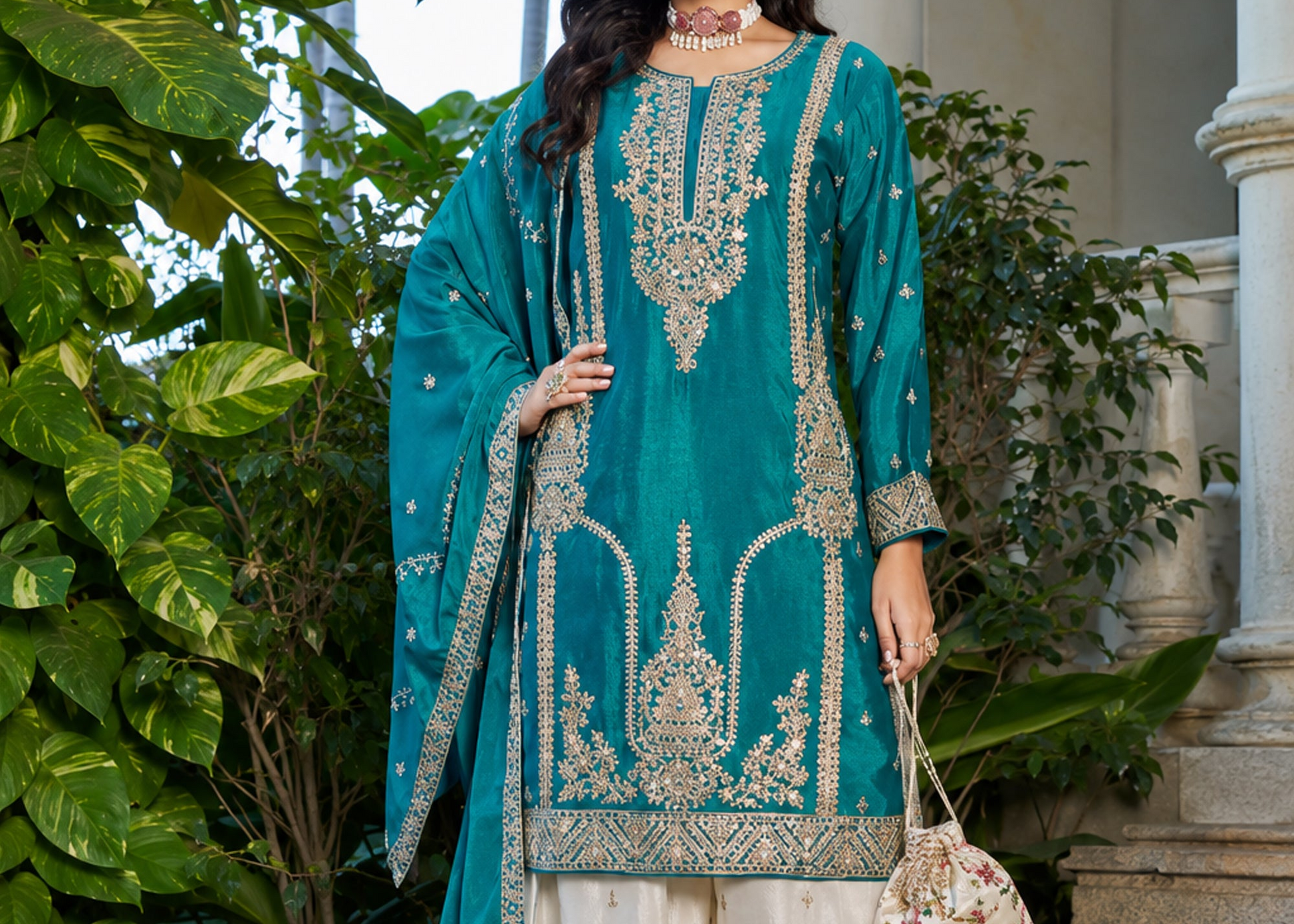 Teal festive outfit with wide leg palazzo styling