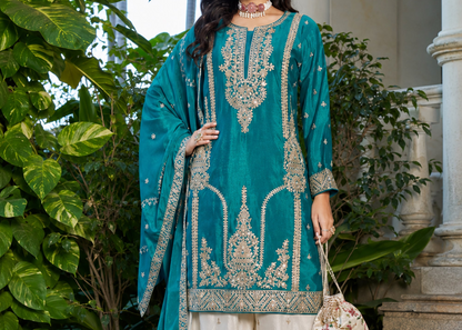 Teal festive outfit with wide leg palazzo styling