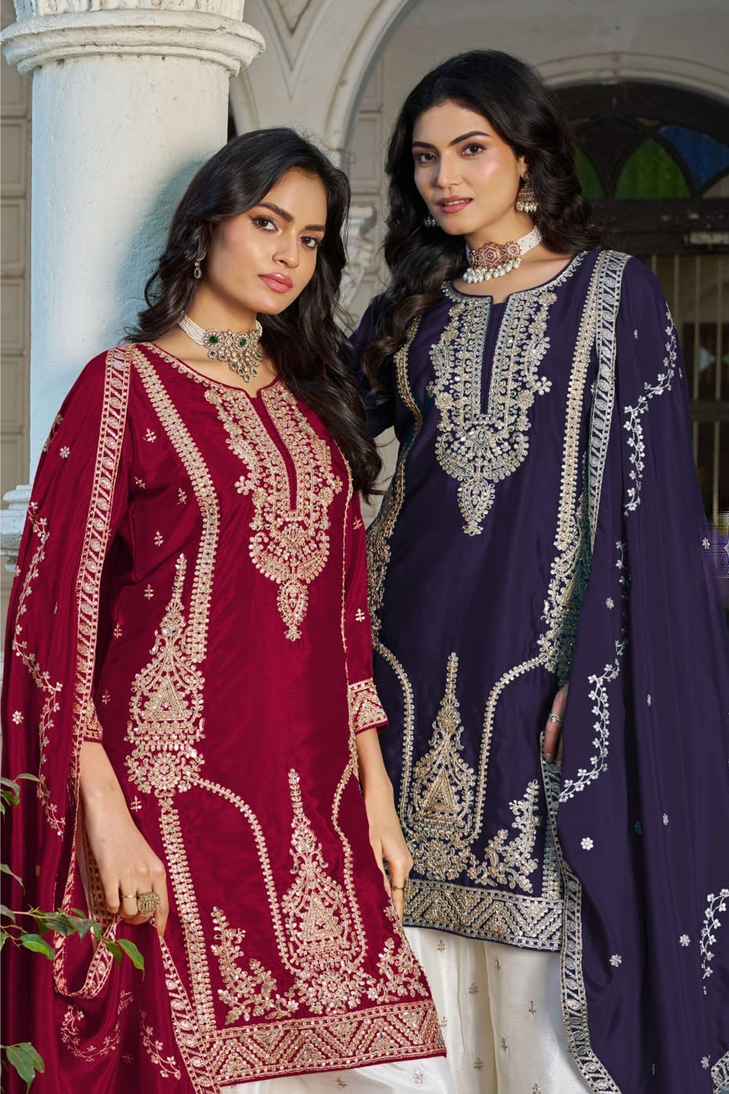 Premium Chinon palazzo set with embroidered straight kurta
