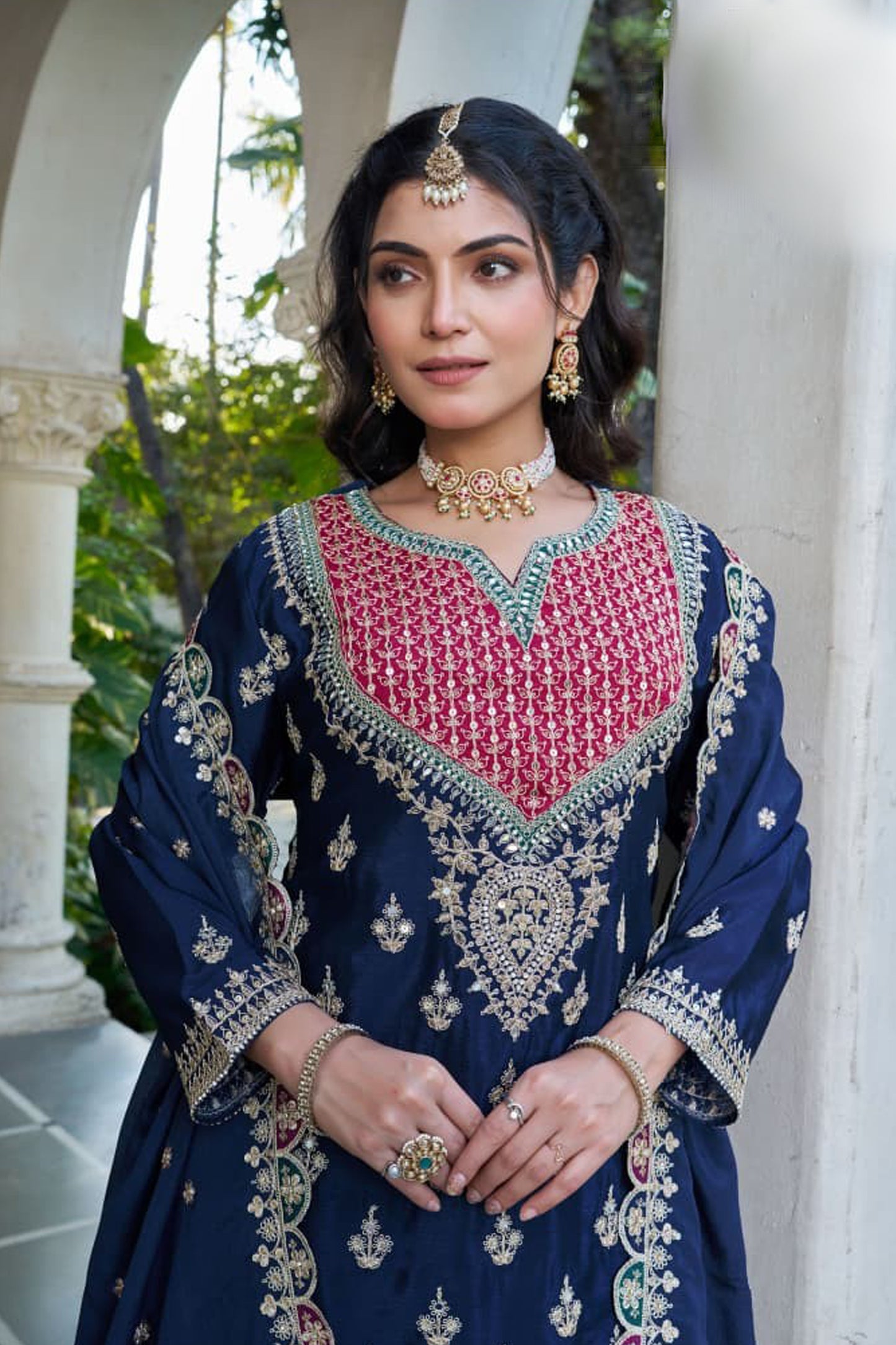 Wide leg navy blue palazzo outfit in Premium Chinon
