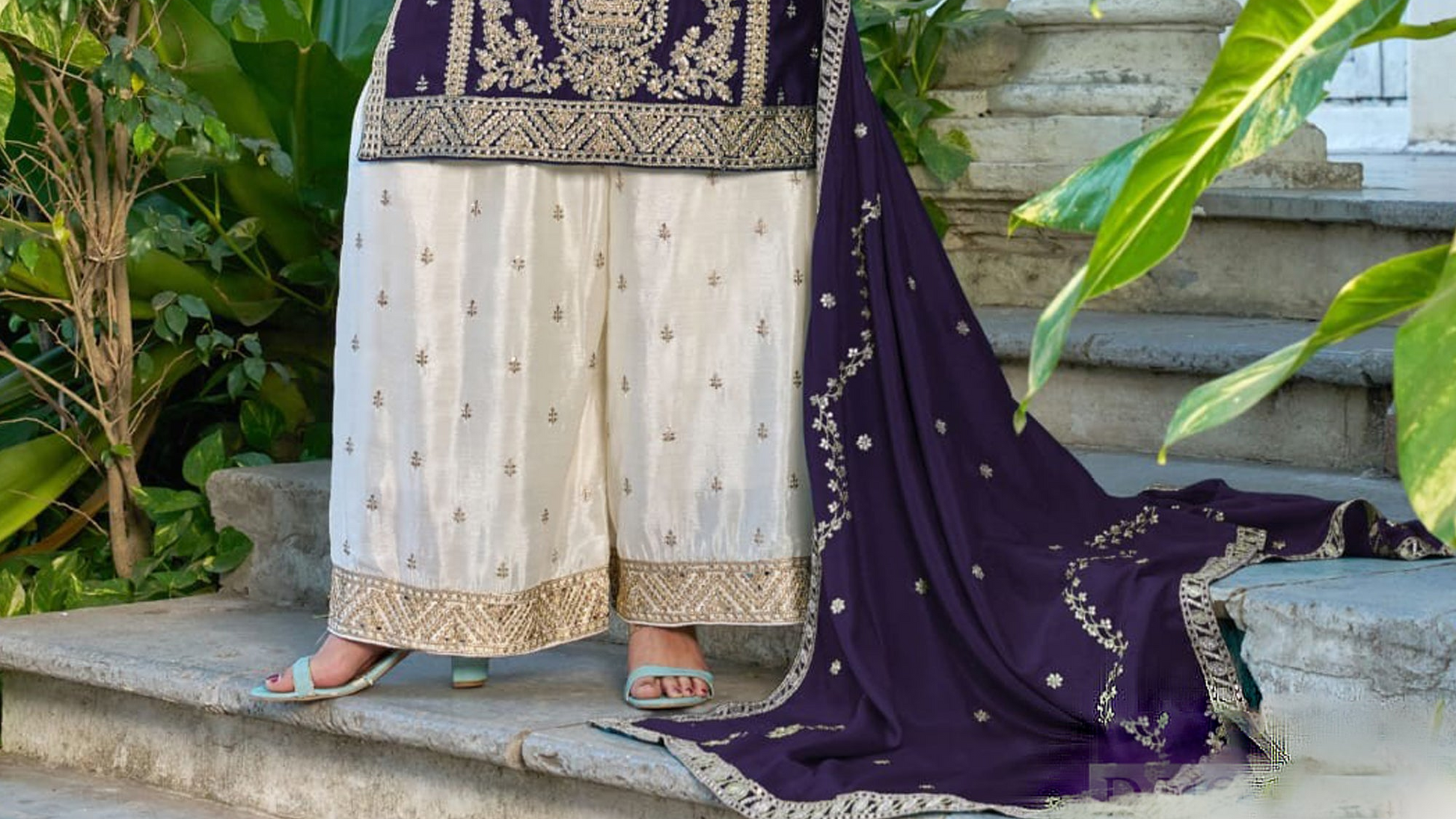Indian palazzos with detailed embroidered borders and dupatta