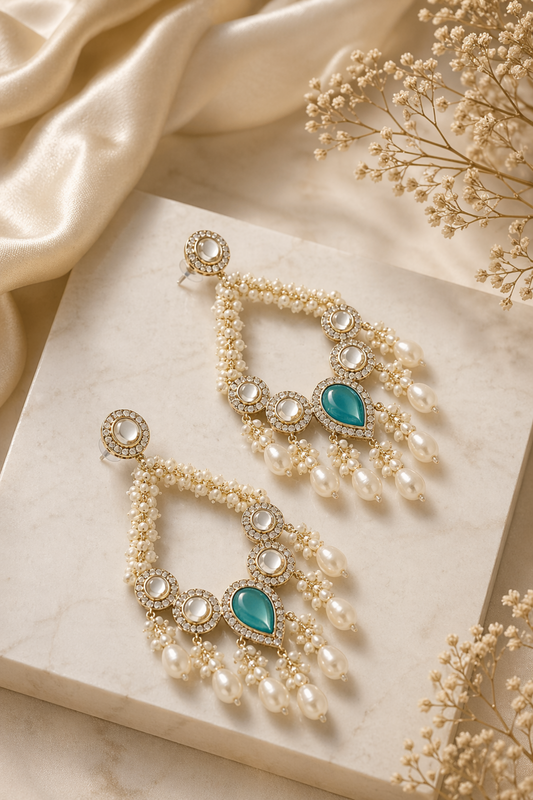 gold pearl chandelier earrings for women with statement drop design