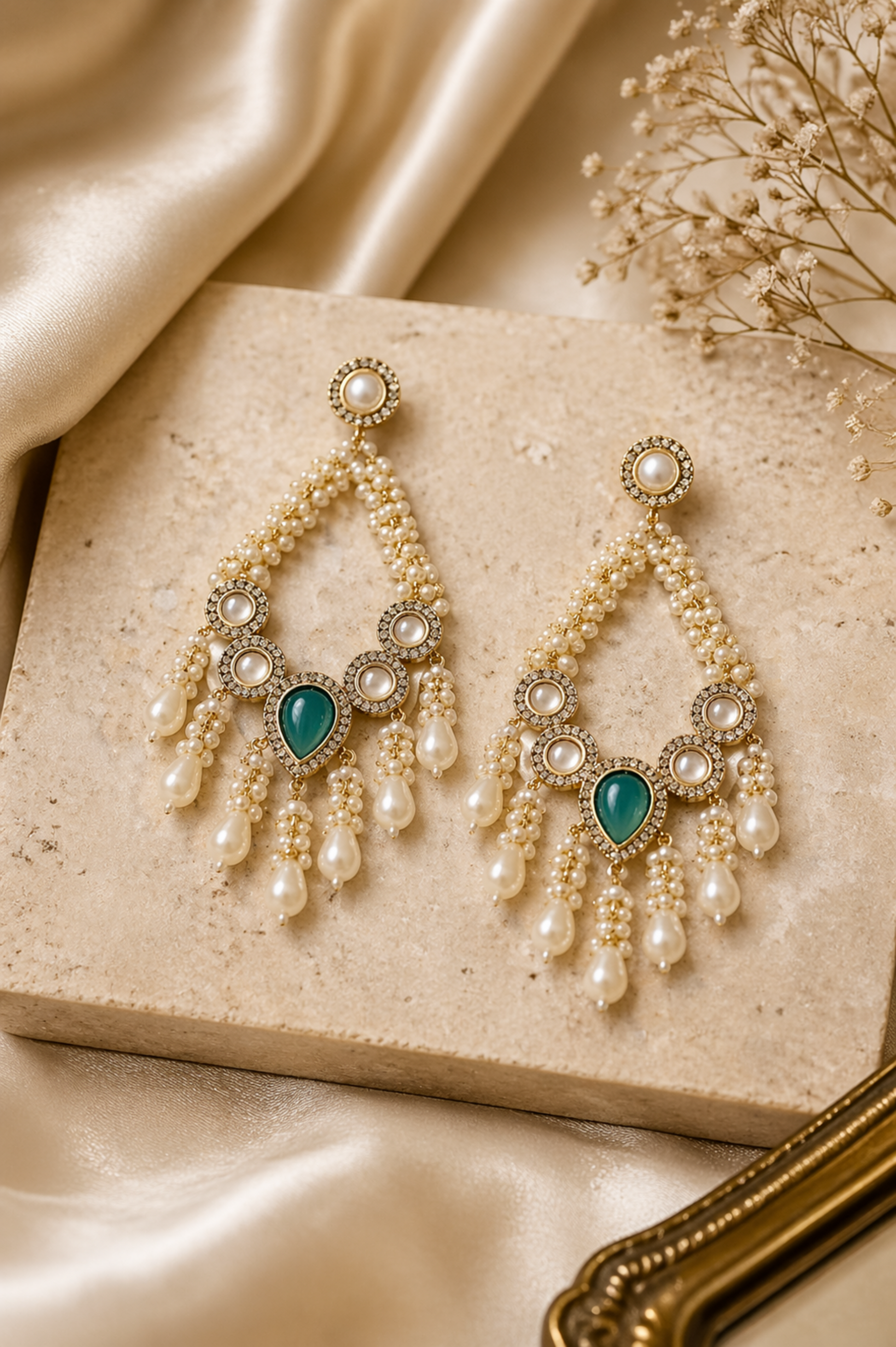 elegant gold earrings with pearl beads and stone centerpiece