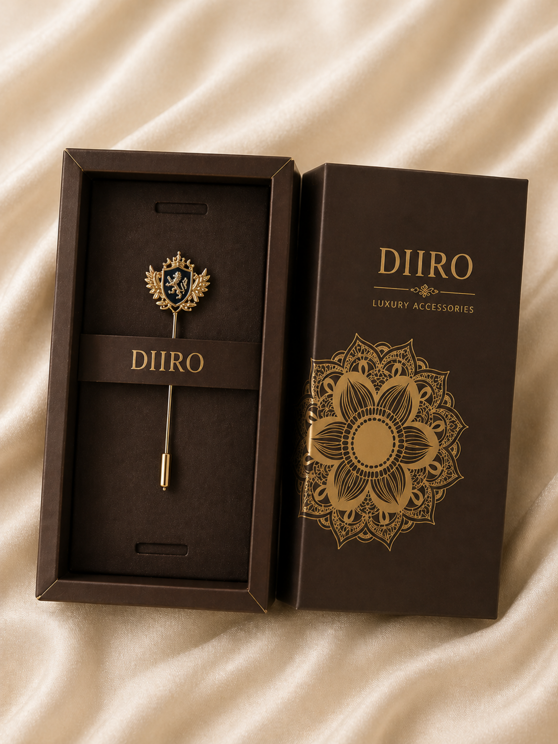 minimal gold lapel pin with emblem structure