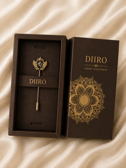 minimal gold lapel pin with emblem structure