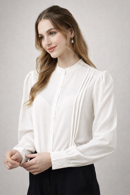 womens shirts white minimal design front tuck styling