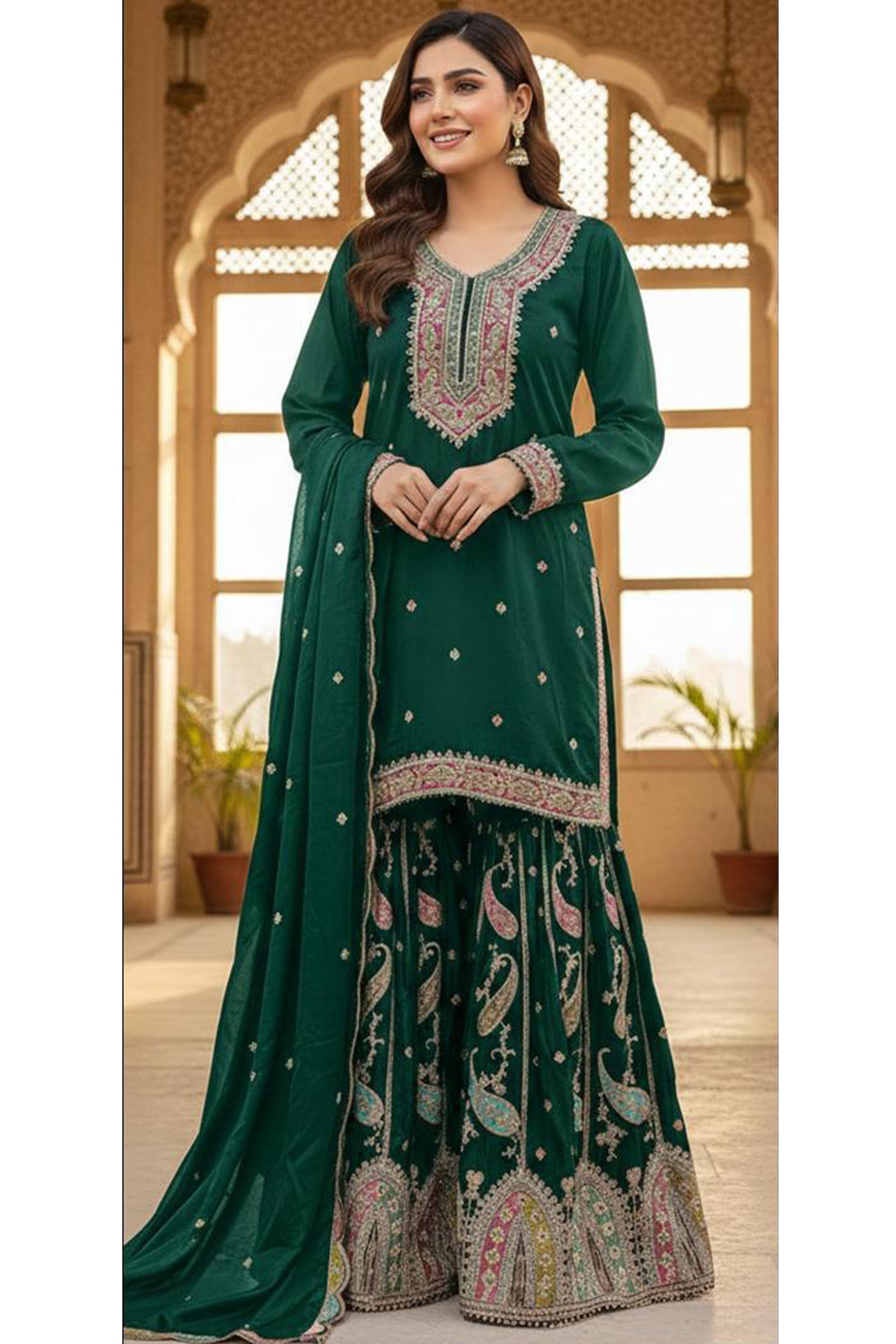 Royal Green Premium Sharara Set with Fancy Embroidery Work