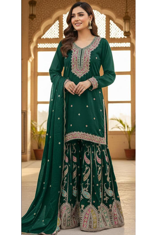 Royal Green Premium Sharara Set with Fancy Embroidery Work