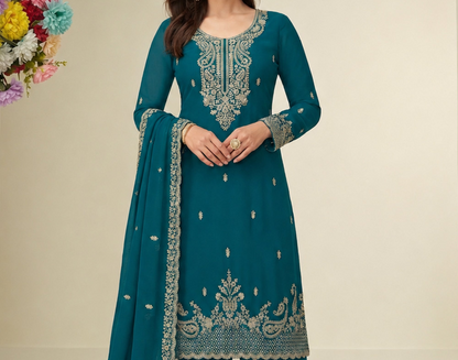 Front view of teal green georgette salwar kameez set