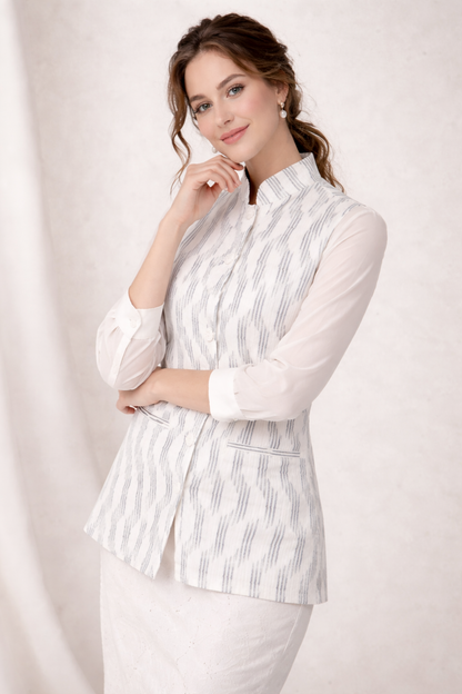 off white nehru jacket styled for wedding event