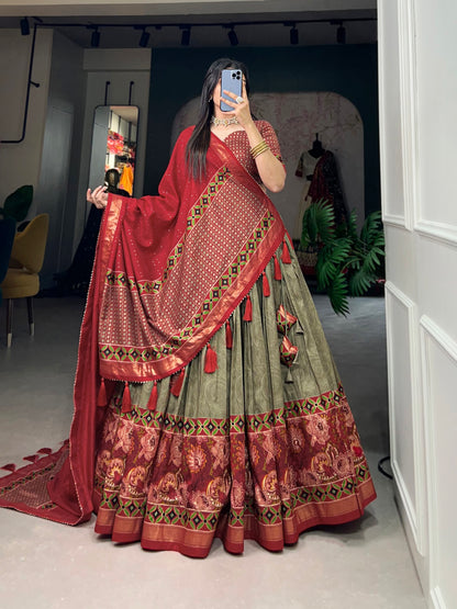 Traditional styling with olive green lehenga choli