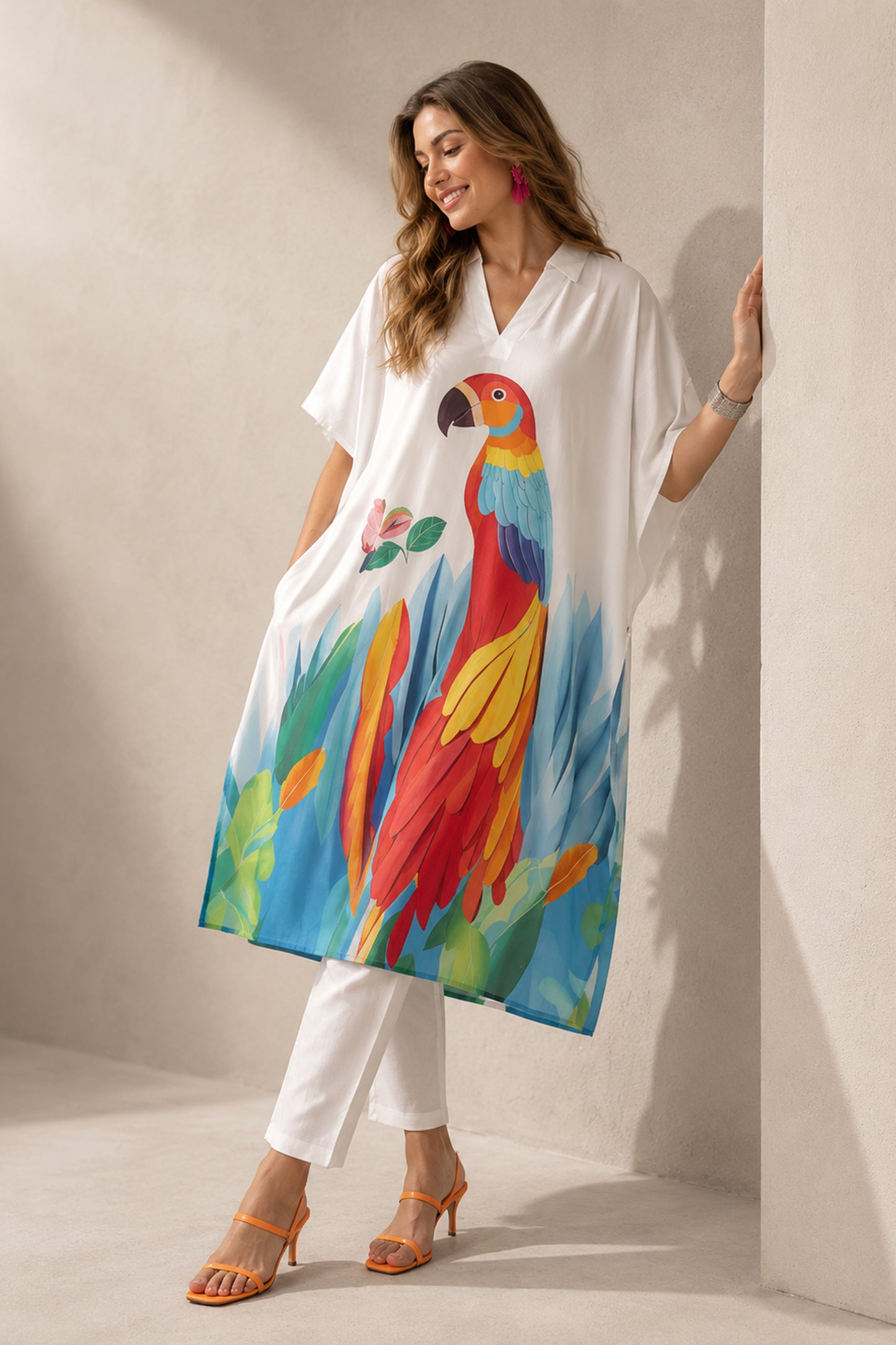 Animal Printed white kurti styled with orange heels