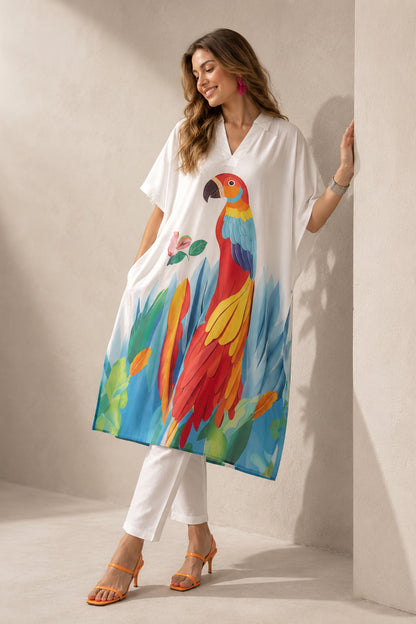 Animal Printed white kurti styled with orange heels