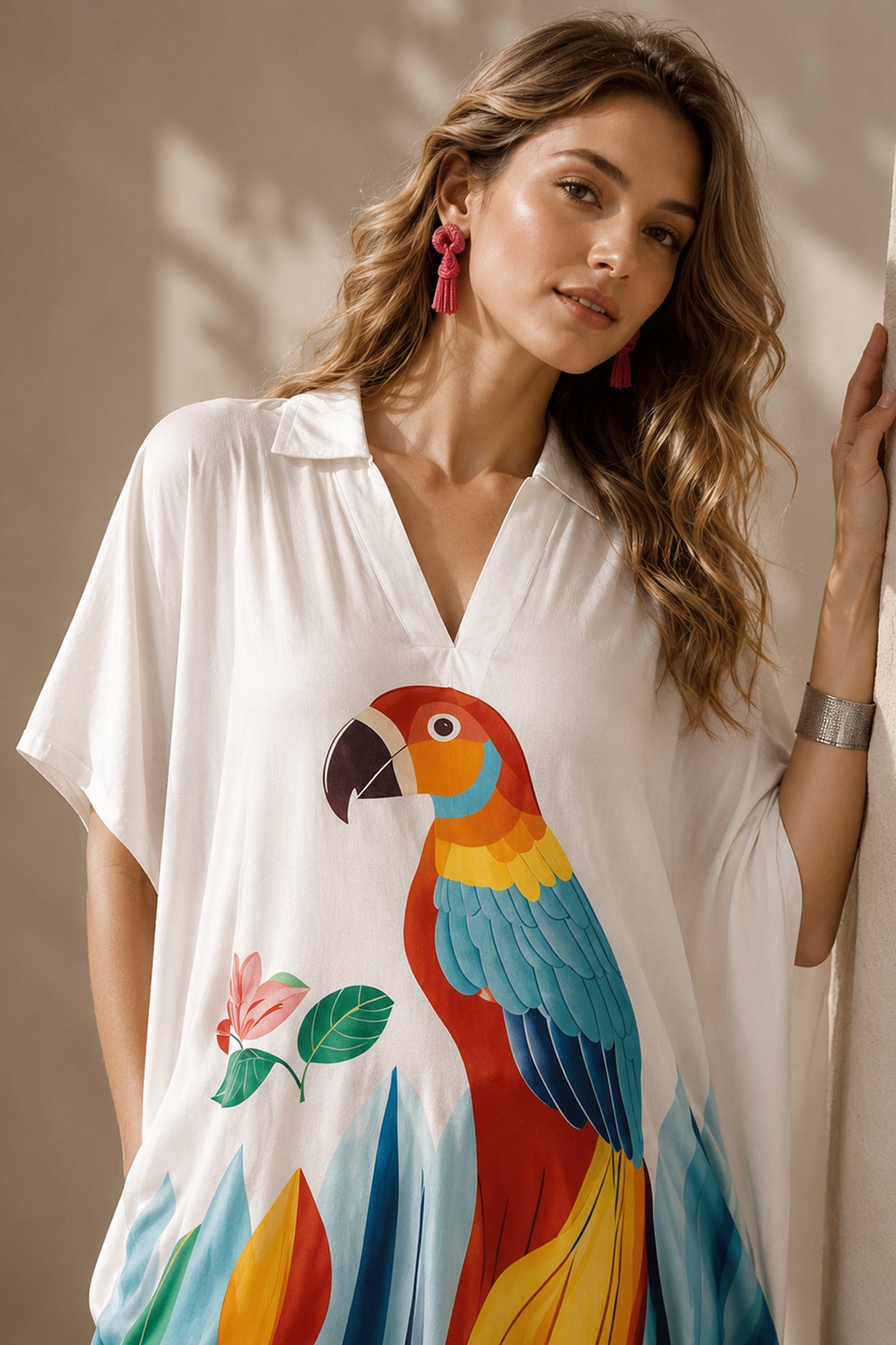 Woman wearing Printed kurti with tropical bird design
