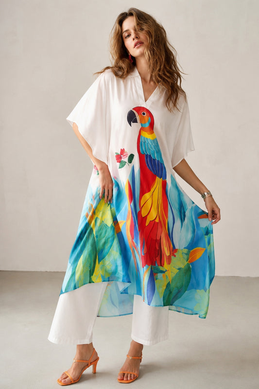 White kurti with colorful animal printed artwork