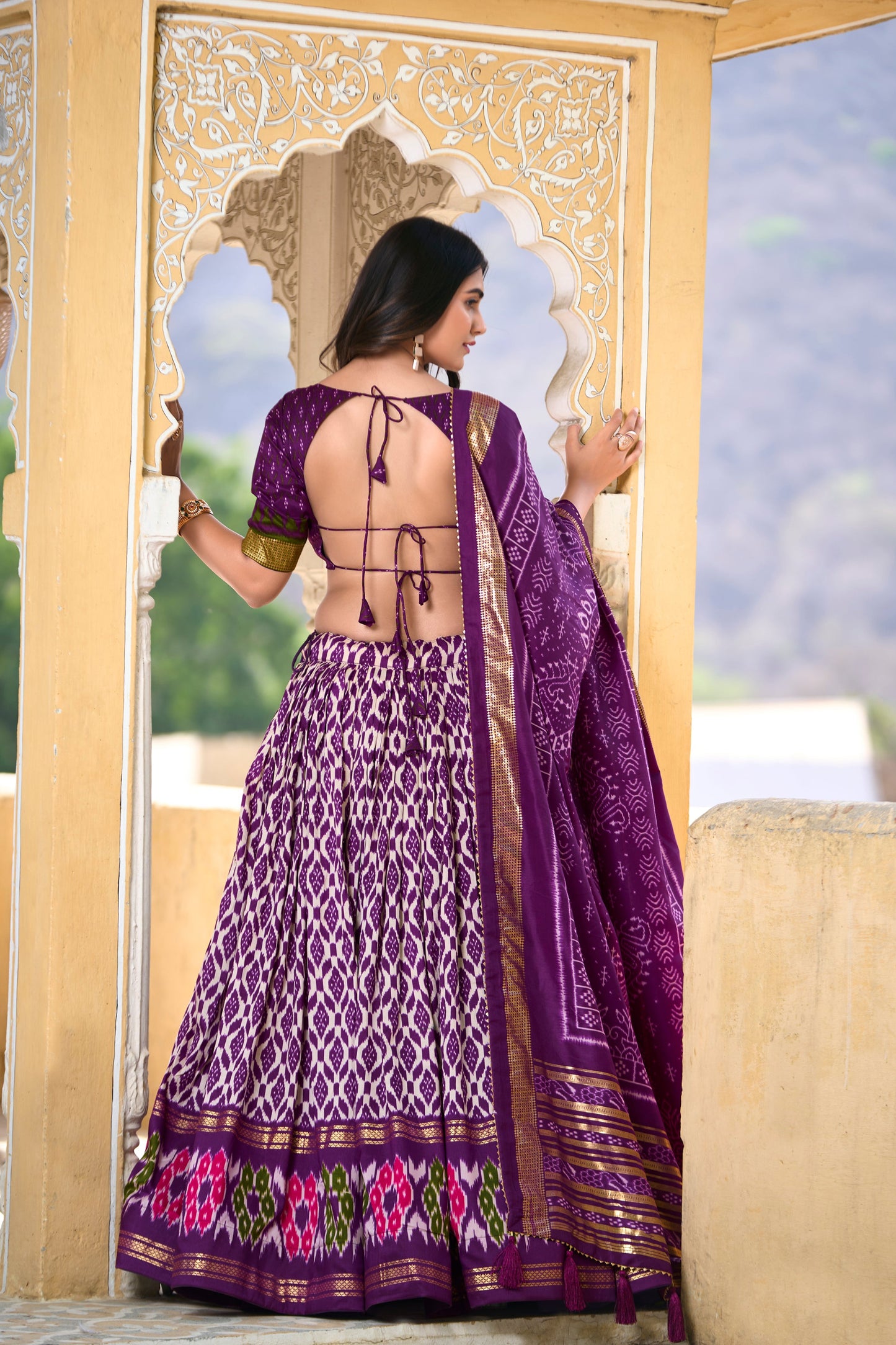 printed lehenga choli back view silhouette