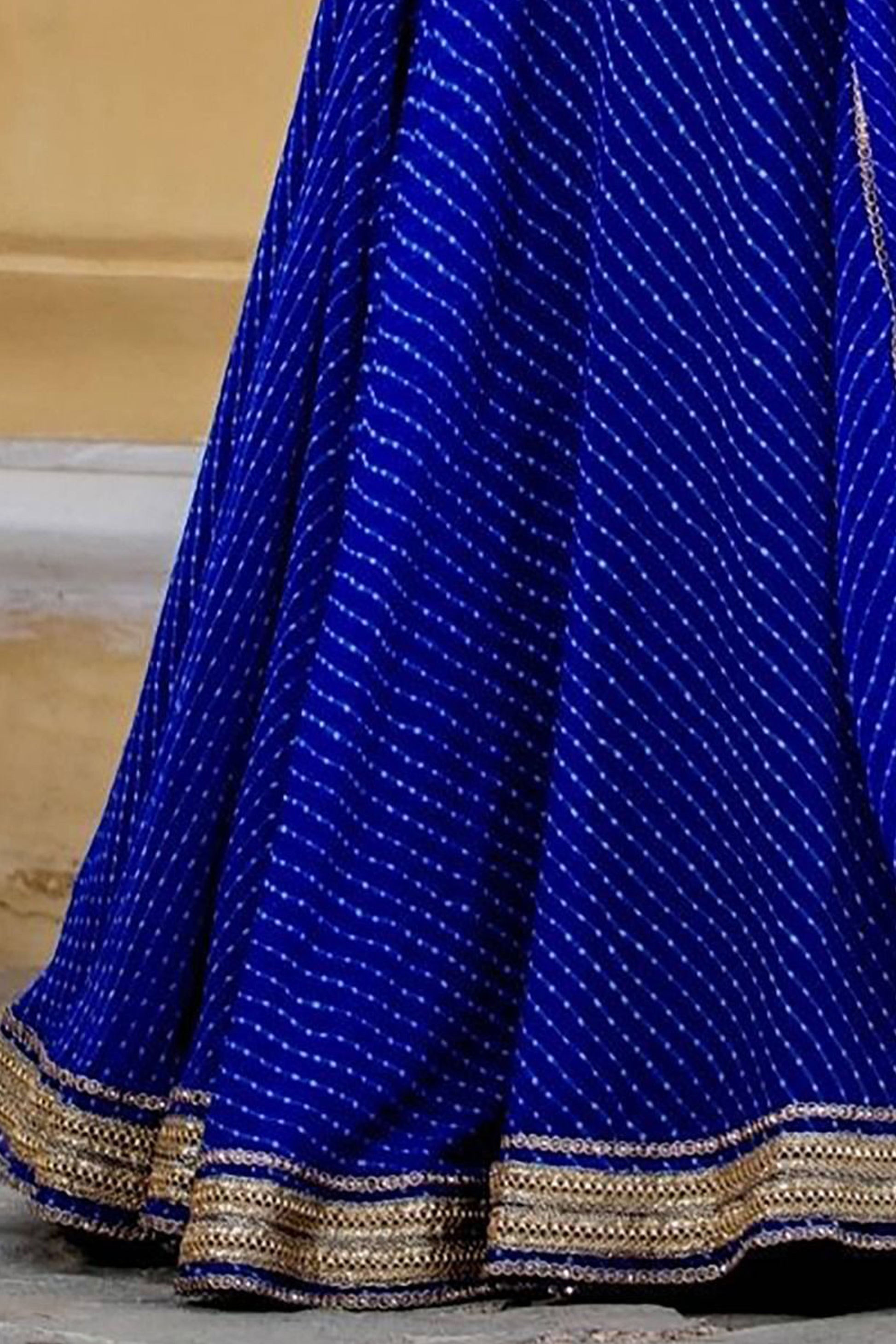 Georgette blue lehenga fabric fall and texture detail