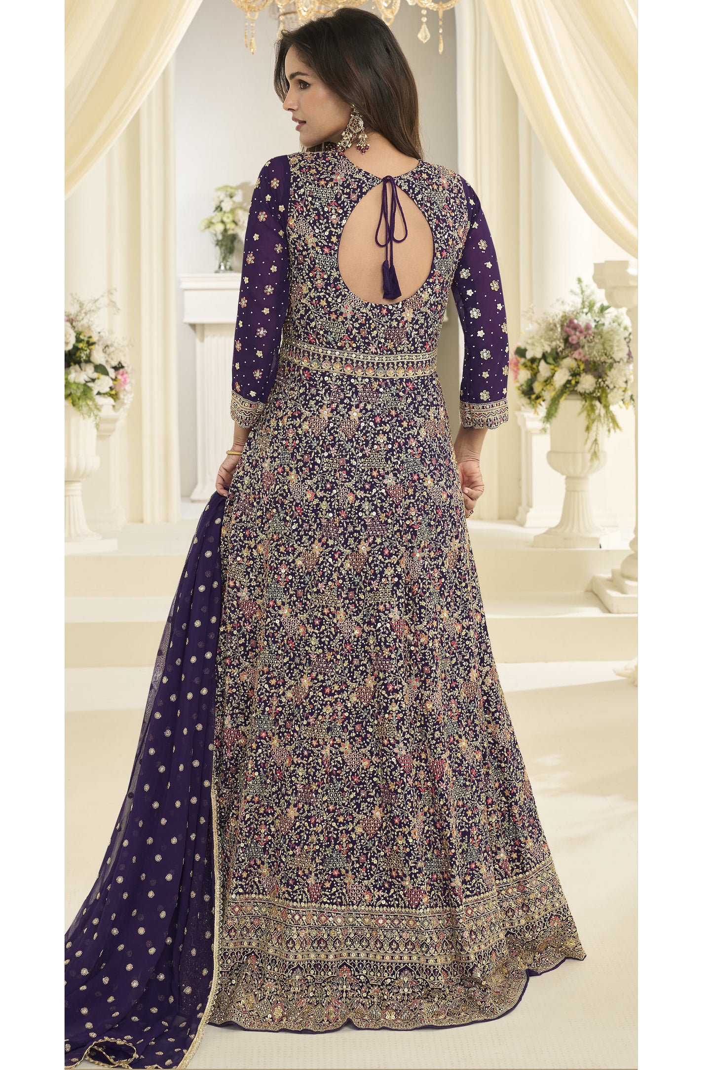 Back neckline view of purple anarkali dress