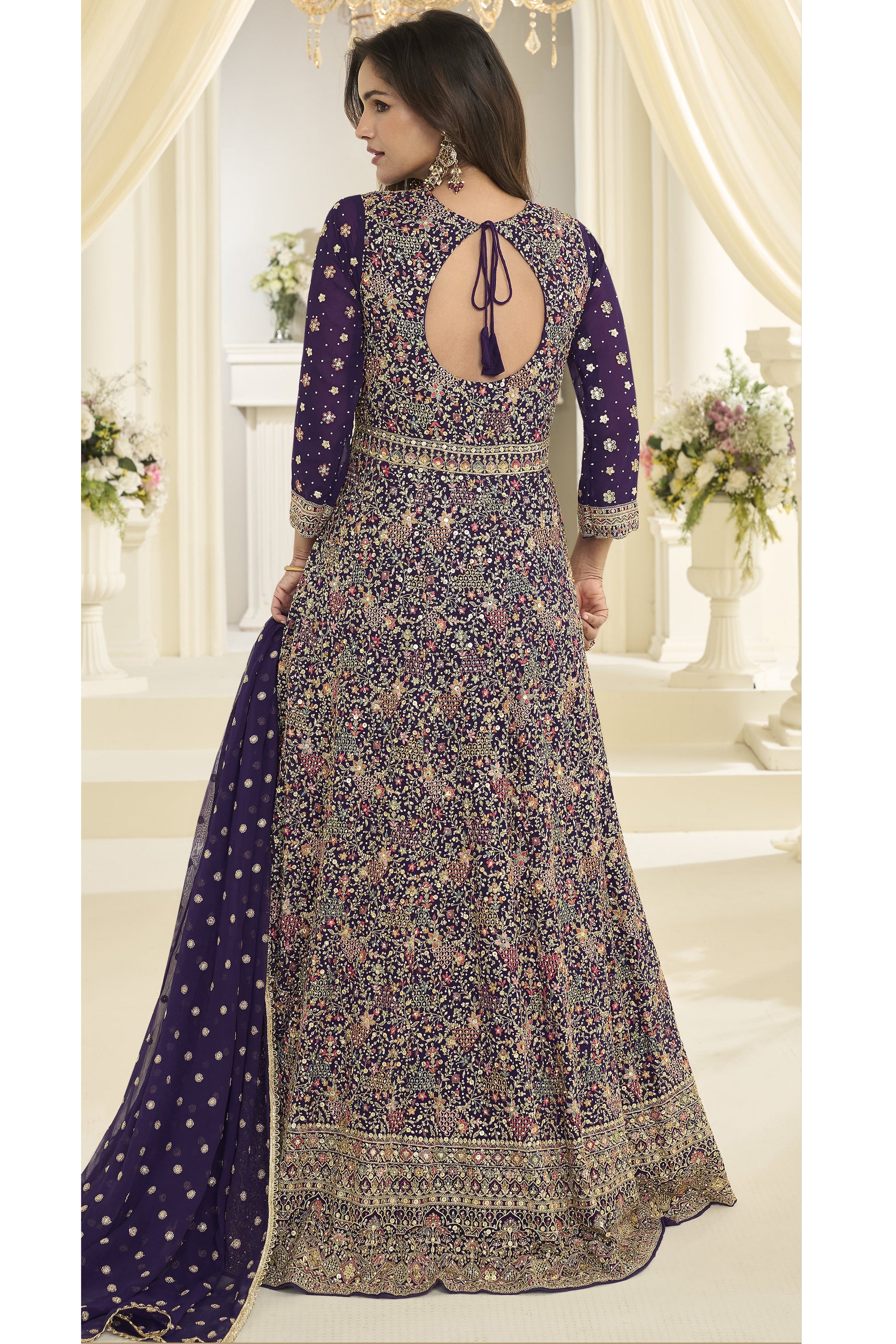 Back neckline view of purple anarkali dress